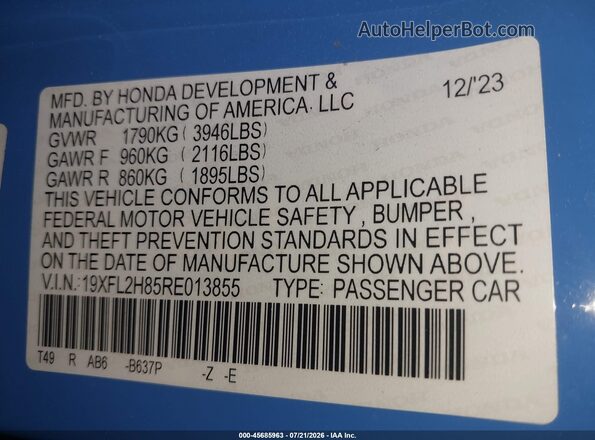 19XFL2H85RE013855 2024 HONDA CIVIC Blue Widok komory silnika