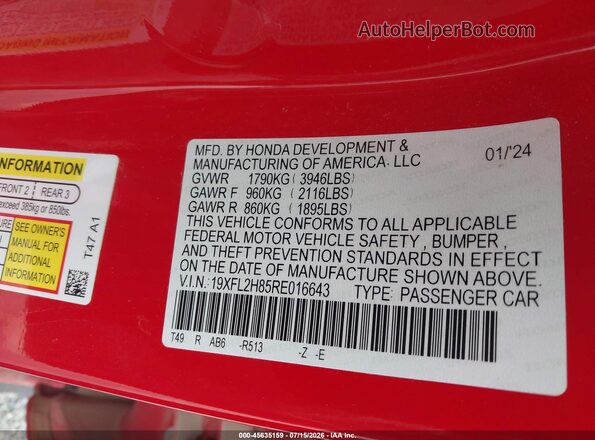 19XFL2H85RE016643 2024 HONDA CIVIC Red Widok komory silnika