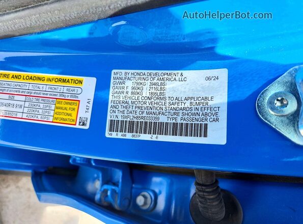 19XFL2H85RE033359 2024 HONDA CIVIC Blue VIN կոդի պիտակի տեսք
