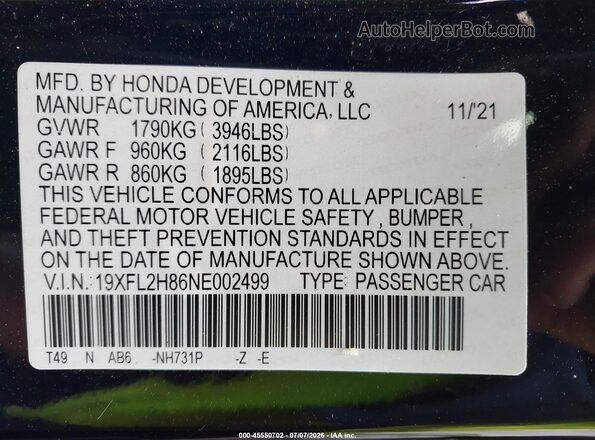 19XFL2H86NE002499 2022 HONDA CIVIC Black Շարժիչի բաժամունքի տեսք