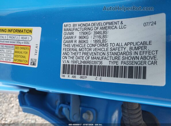 19XFL2H86RE039736 2024 HONDA CIVIC Blue Вид підкапотного простору