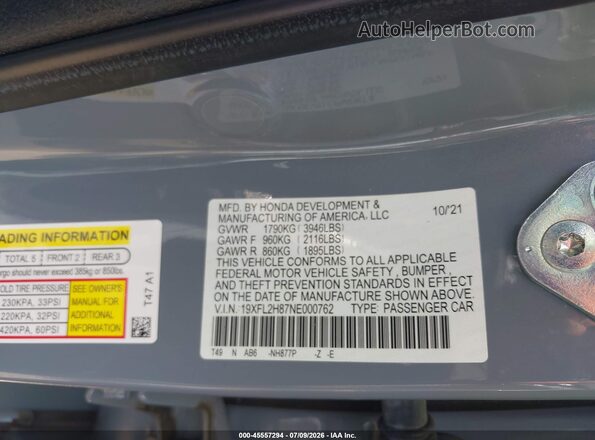 19XFL2H87NE000762 2022 HONDA CIVIC Blue Շարժիչի բաժամունքի տեսք