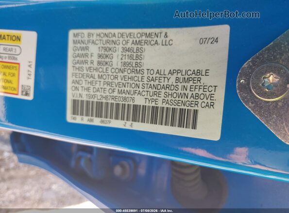 19XFL2H87RE038076 2024 HONDA CIVIC Blue Շարժիչի բաժամունքի տեսք