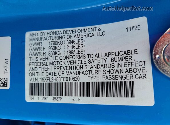 19XFL2H88TE010620 2026 HONDA CIVIC Blue Vista de la etiqueta del VIN