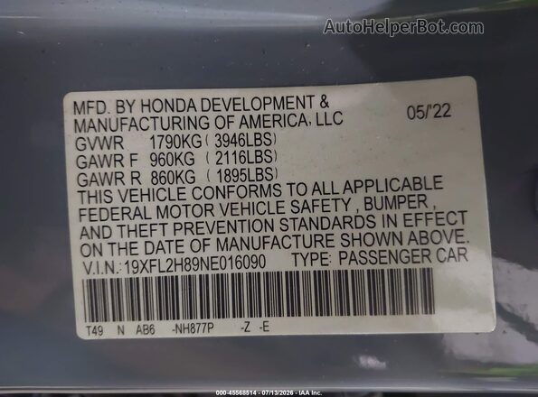 19XFL2H89NE016090 2022 HONDA CIVIC Gray Widok komory silnika
