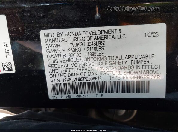 19XFL2H89PE008543 2023 HONDA CIVIC Black Вид підкапотного простору