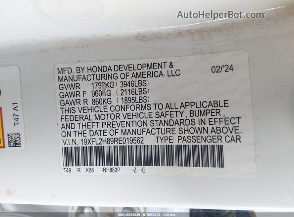 19XFL2H89RE019562 2024 HONDA CIVIC White Engine compartment view