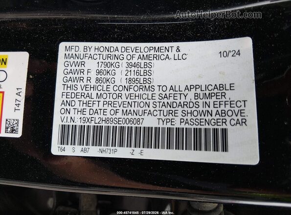 19XFL2H89SE006087 2025 HONDA CIVIC Black Widok komory silnika