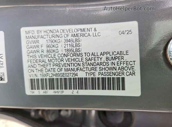 19XFL2H89SE027294 2025 HONDA CIVIC Gray Вид наклейки з VIN-кодом