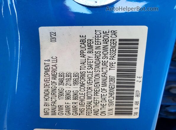 19XFL2H8XNE012887 2022 HONDA CIVIC Blue ძრავის განყოფილების ხედი
