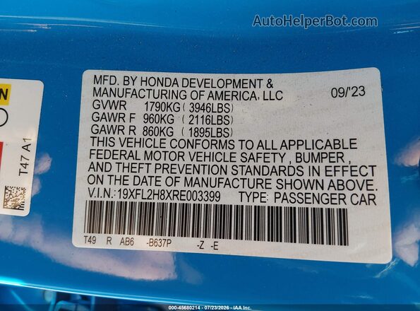 19XFL2H8XRE003399 2024 HONDA CIVIC Blue Շարժիչի բաժամունքի տեսք