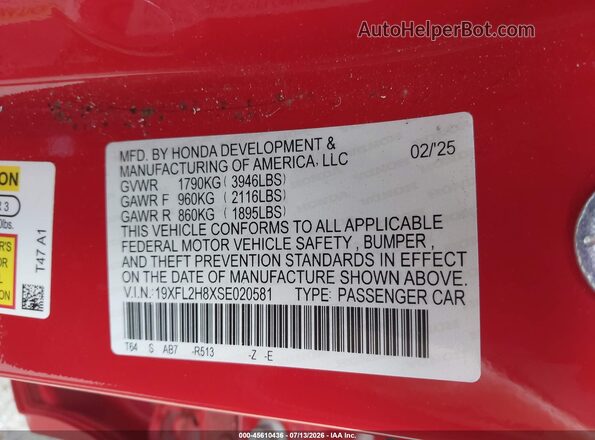19XFL2H8XSE020581 2025 HONDA CIVIC Red Widok komory silnika