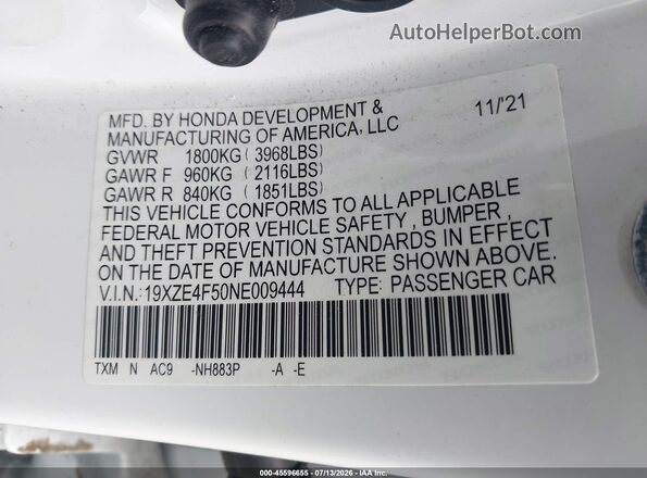 19XZE4F50NE009444 2022 HONDA INSIGHT White Вид підкапотного простору