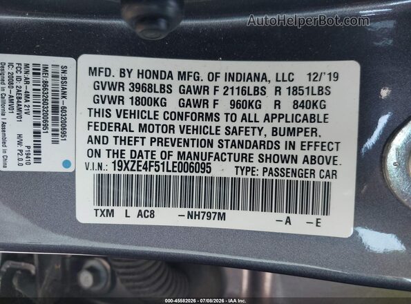 19XZE4F51LE006095 2020 HONDA INSIGHT Gray Вид підкапотного простору