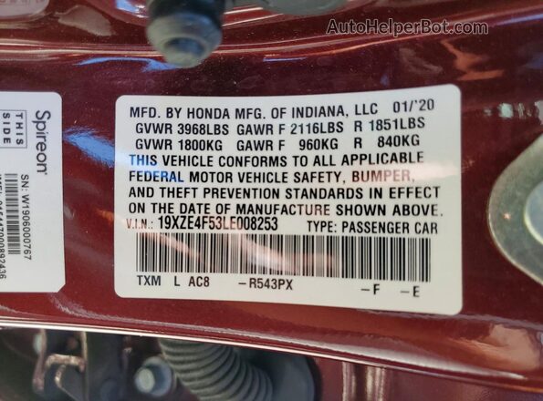 19XZE4F53LE008253 2020 HONDA INSIGHT Maroon Вид підкапотного простору