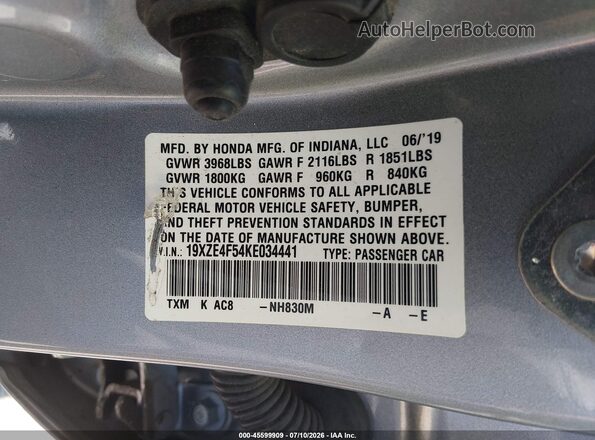 19XZE4F54KE034441 2019 HONDA INSIGHT Серебряный Вид подкапотного пространства