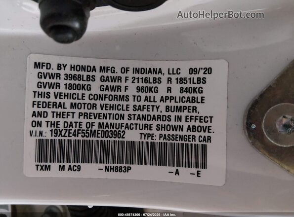 19XZE4F55ME003962 2021 HONDA INSIGHT Белый Вид подкапотного пространства