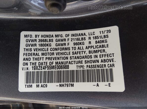 19XZE4F55ME006988 2021 HONDA INSIGHT Серый Вид подкапотного пространства