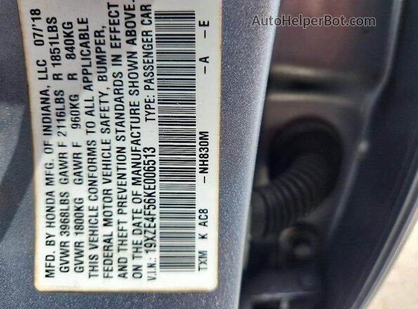 19XZE4F56KE006513 2019 HONDA INSIGHT Silver Вид наклейки з VIN-кодом