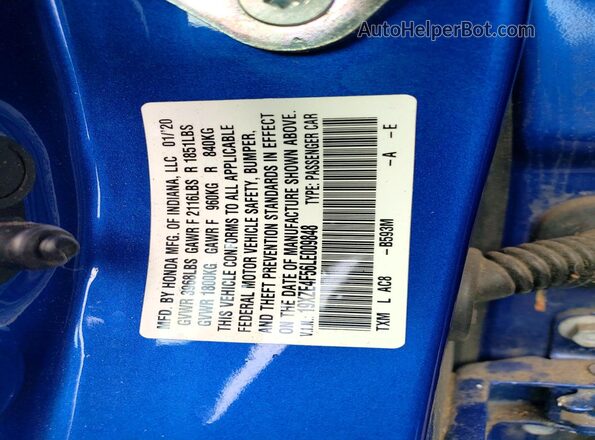 19XZE4F56LE009848 2020 HONDA INSIGHT Blue Շարժիչի բաժամունքի տեսք