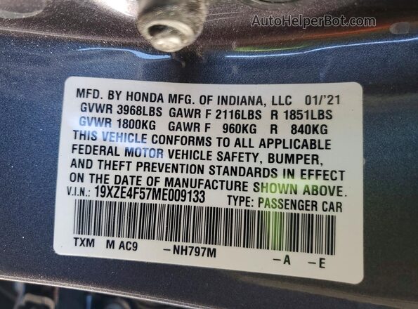 19XZE4F57ME009133 2021 HONDA INSIGHT Gray Engine compartment view