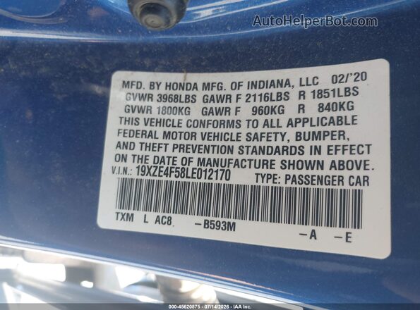 19XZE4F58LE012170 2020 HONDA INSIGHT Blue Engine compartment view