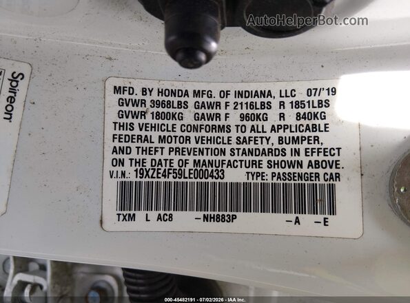 19XZE4F59LE000433 2020 HONDA INSIGHT White Widok komory silnika