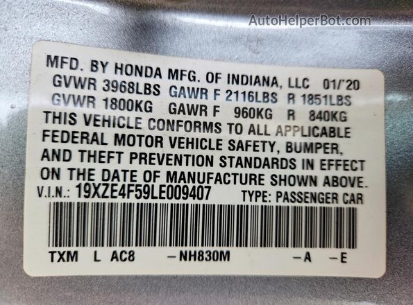 19XZE4F59LE009407 2020 HONDA INSIGHT Silver Вид підкапотного простору