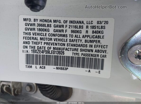 19XZE4F59LE013926 2020 HONDA INSIGHT Белый Вид подкапотного пространства