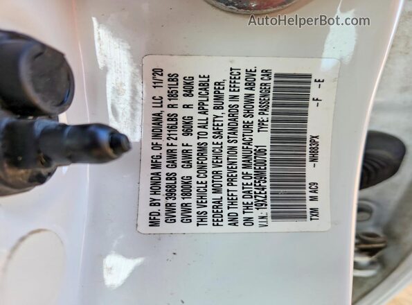 19XZE4F59ME007061 2021 HONDA INSIGHT White VIN კოდის სტიკერის ხედი