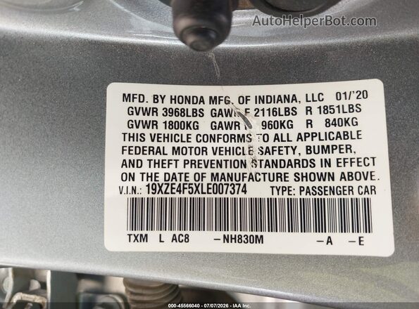 19XZE4F5XLE007374 2020 HONDA INSIGHT Silver Вид підкапотного простору