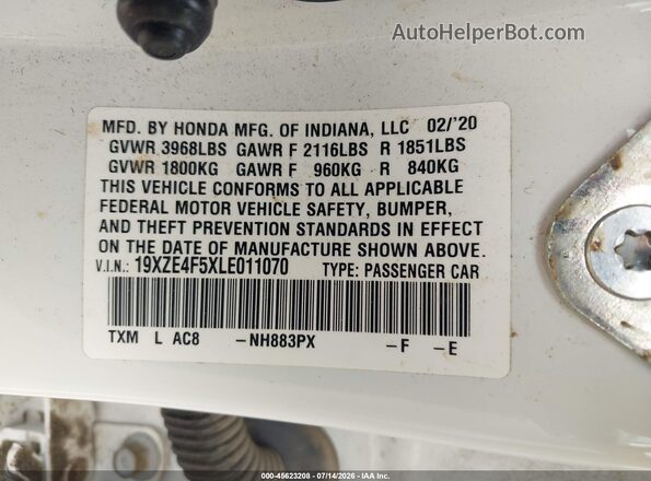 19XZE4F5XLE011070 2020 HONDA INSIGHT White Engine compartment view