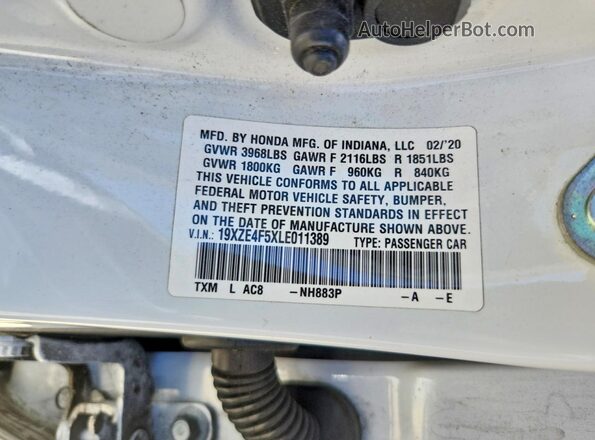 19XZE4F5XLE011389 2020 HONDA INSIGHT White Engine compartment view