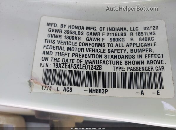 19XZE4F5XLE012428 2020 HONDA INSIGHT White Widok komory silnika