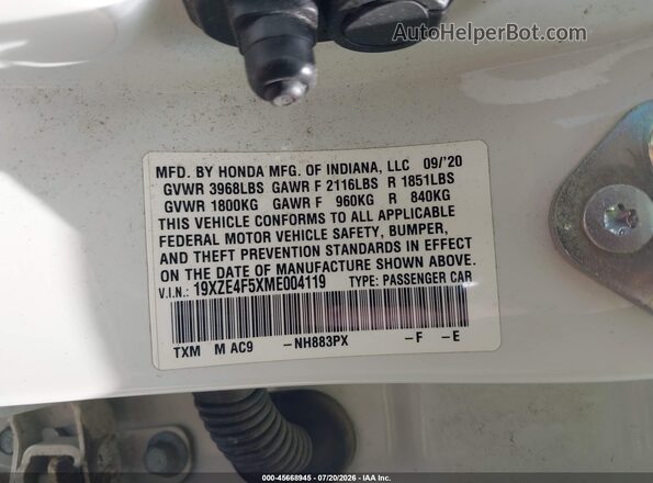 19XZE4F5XME004119 2021 HONDA INSIGHT Белый Вид подкапотного пространства