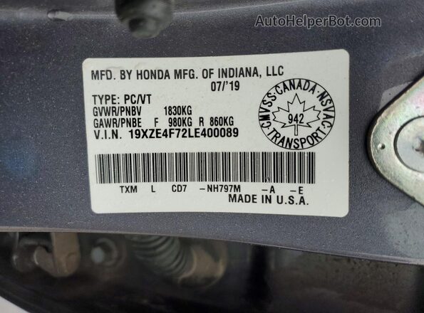 19XZE4F72LE400089 2020 HONDA INSIGHT Charcoal ძრავის განყოფილების ხედი
