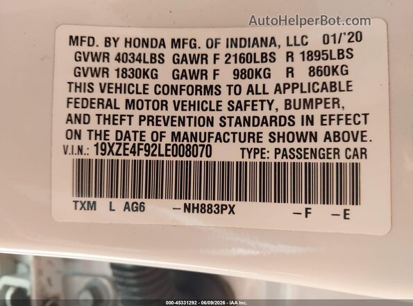 19XZE4F92LE008070 2020 HONDA INSIGHT White Engine compartment view