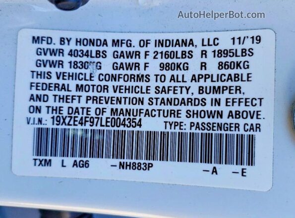 19XZE4F97LE004354 2020 HONDA INSIGHT White Engine compartment view