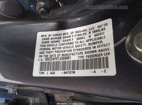 19XZE4F97LE009991 2020 HONDA INSIGHT Gray Widok komory silnika