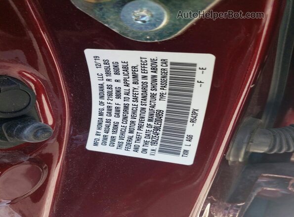 19XZE4F98LE004959 2020 HONDA INSIGHT Burgundy Vista de la etiqueta del VIN