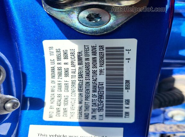 19XZE4F99KE018741 2019 HONDA INSIGHT Blue Vista del compartimento del motor