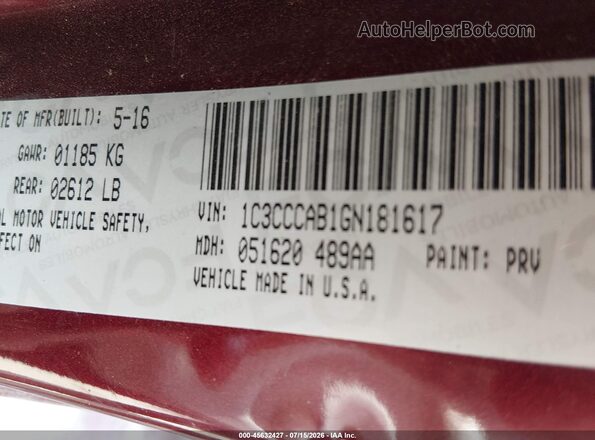 1C3CCCAB1GN181617 2016 CHRYSLER 200 Maroon Engine compartment view