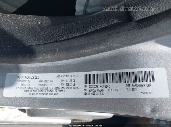 1C3CCCAB1HN503142 2017 CHRYSLER 200 Silver Вид підкапотного простору
