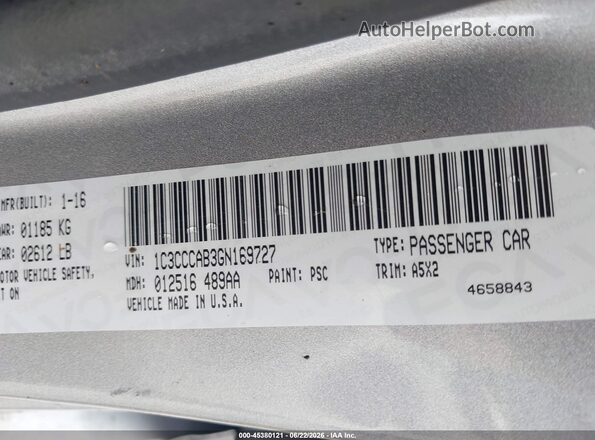 1C3CCCAB3GN169727 2016 CHRYSLER 200 Серебряный Вид подкапотного пространства