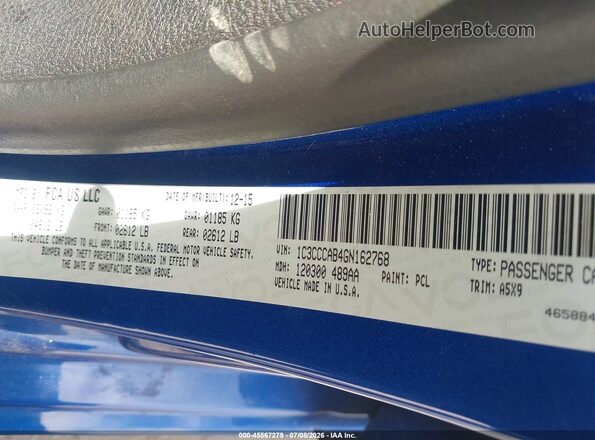 1C3CCCAB4GN162768 2016 CHRYSLER 200 Blue ძრავის განყოფილების ხედი
