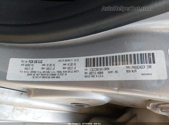 1C3CCCBB1GN118094 2016 CHRYSLER 200 Серебряный Вид подкапотного пространства