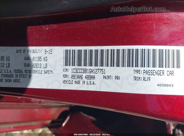 1C3CCCBB1GN127751 2016 CHRYSLER 200 Burgundy Widok komory silnika