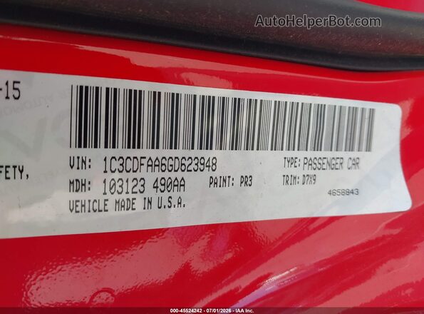 1C3CDFAA6GD623948 2016 DODGE DART Red ძრავის განყოფილების ხედი