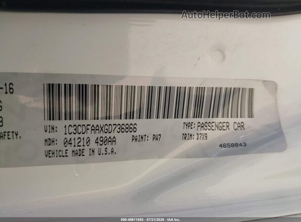 1C3CDFAAXGD736866 2016 DODGE DART White Вид підкапотного простору