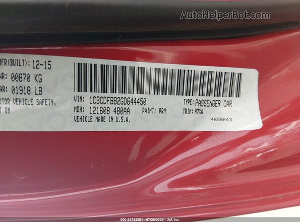 1C3CDFBB2GD644450 2016 DODGE DART Red Engine compartment view